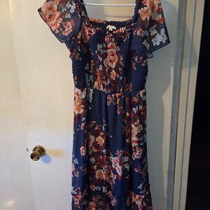 LC Lauren Conrad Women’s Smocked Flutter Sleeve Blue Floral Dress
